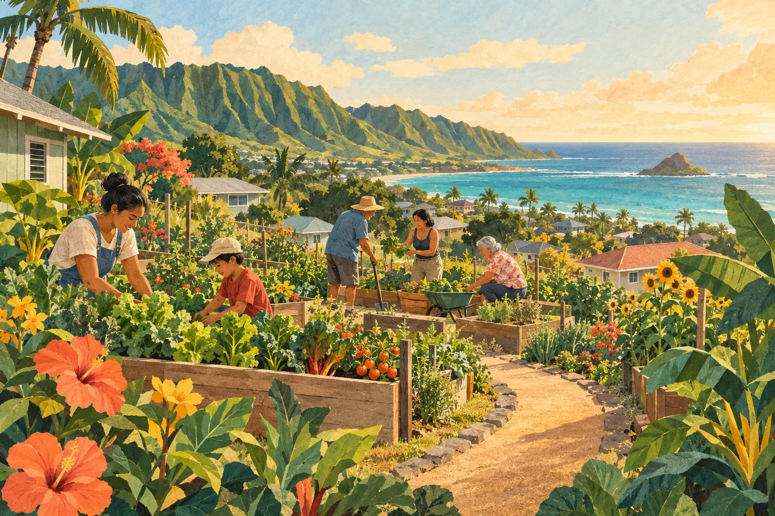 Illustration of neighbors tending vegetable gardens beside island homes, with green mountains and the ocean beyond.